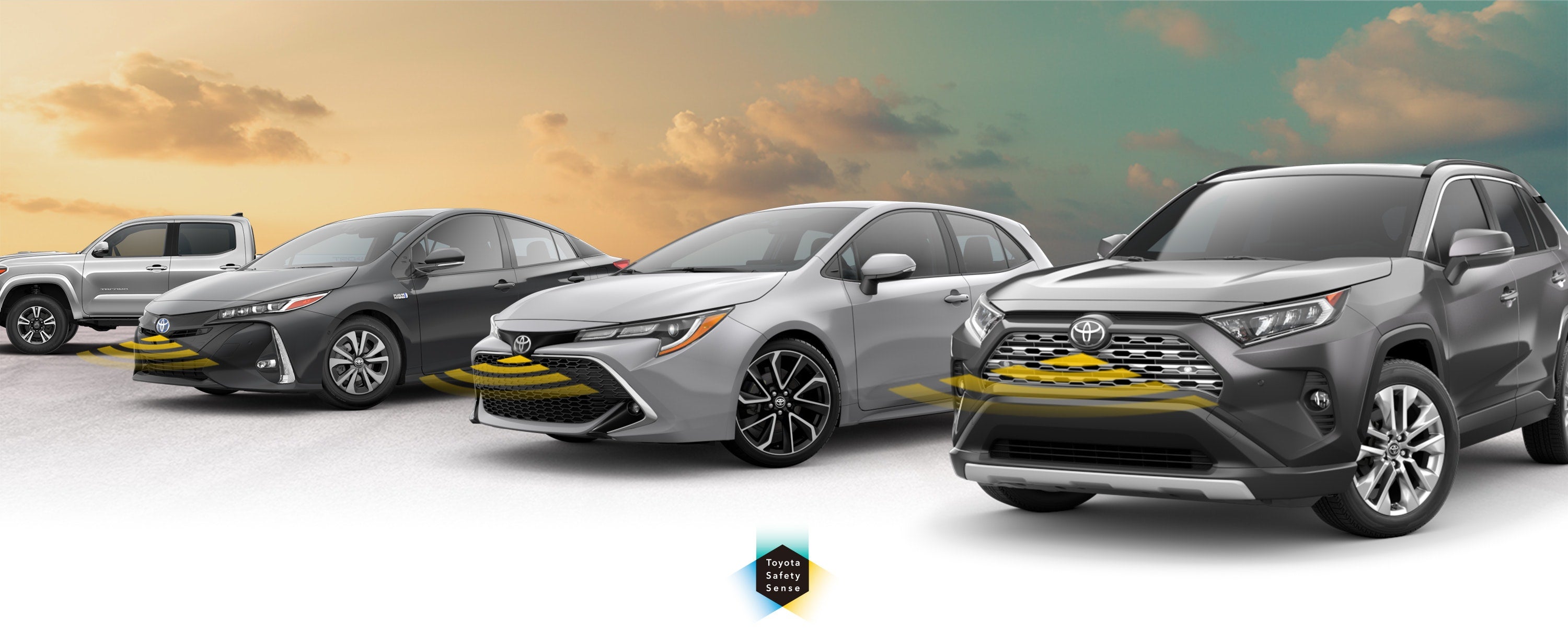 Toyota Safety Sense: Designed for Safety. Options shown on Toyota models including RAV4, Tacoma, and Camry, available now at Motor Inn Toyota Of Carroll in Carroll IA.